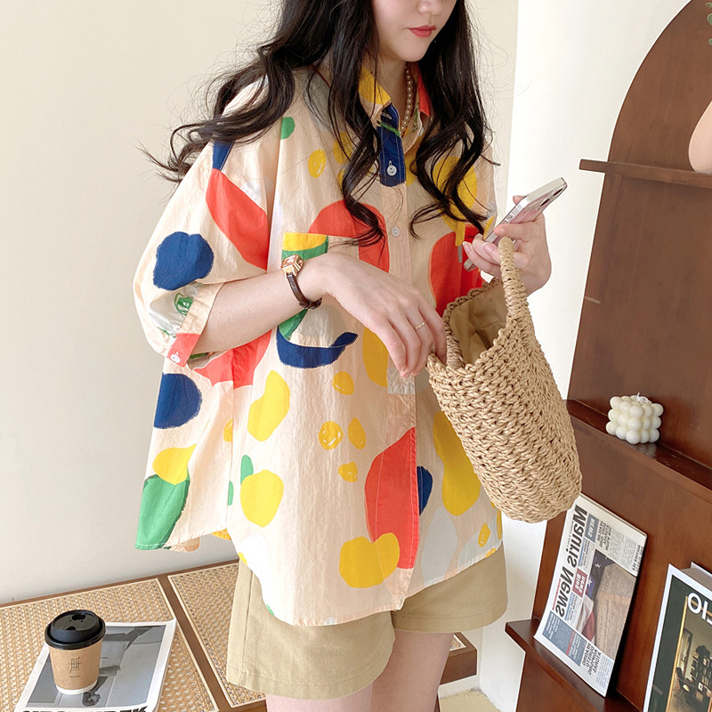 夏装新款大码女装韩版通勤翻领彩绘涂鸦高端棉衬衫上衣M-4XL200斤