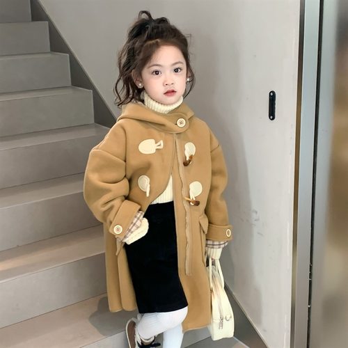 韩国童装男女童秋冬装款羊角扣毛呢大衣洋气中长款连帽大衣63015