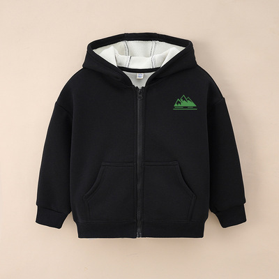 儿童拉链开衫加绒卫衣冬男童连帽卫衣长袖印花休闲时尚加厚奥粒绒