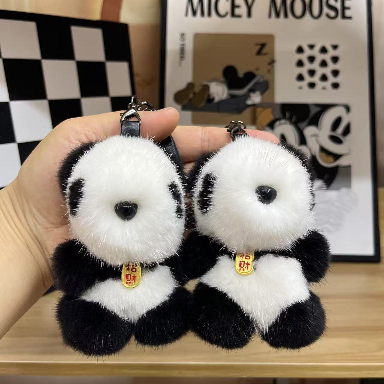 真水貂毛迷你小熊猫汽车挂件