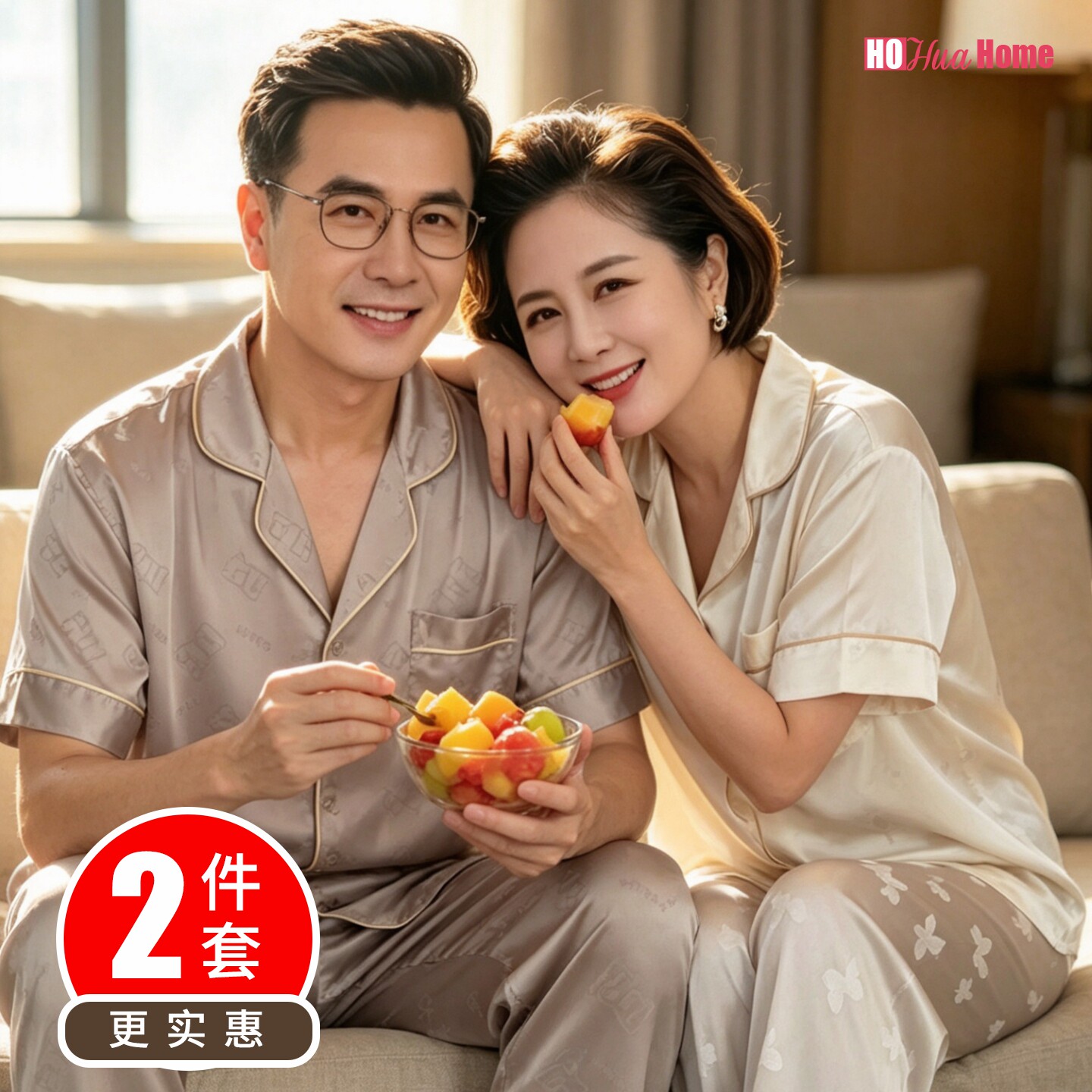 中老年情侣睡衣女春秋款夏季短袖