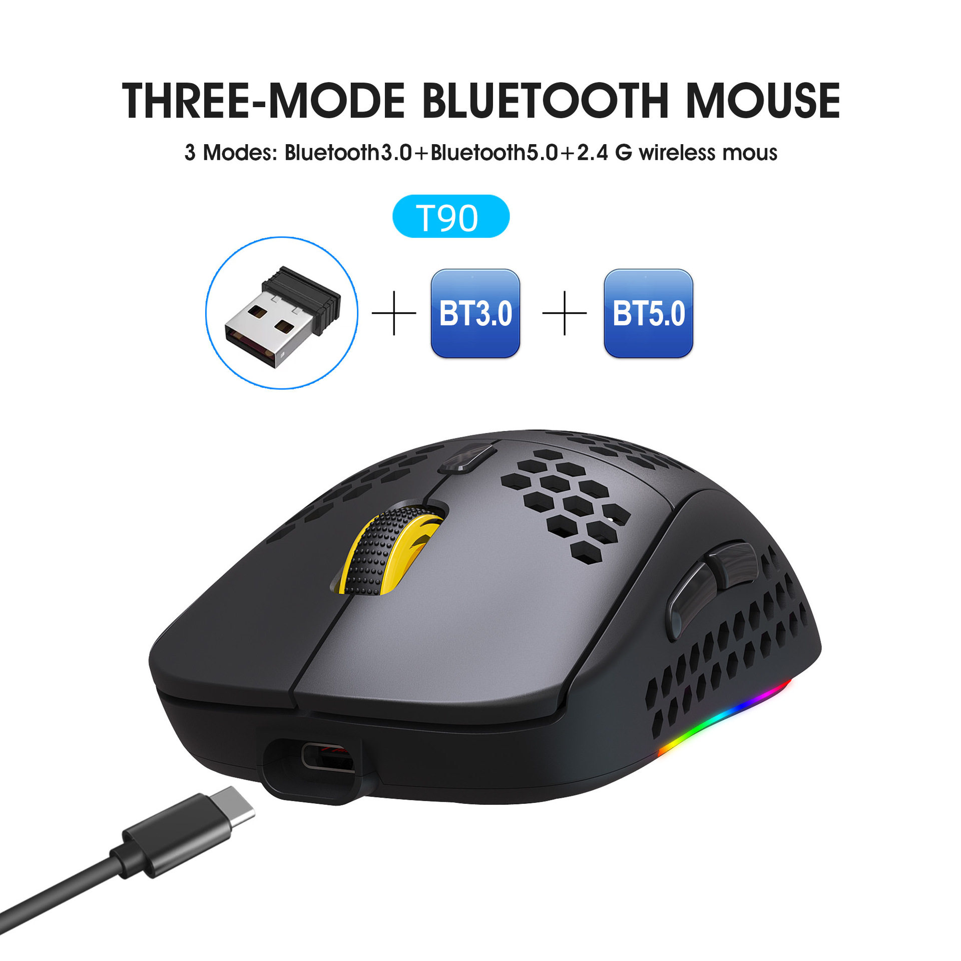 HXSJ 홀 마우스 무선 블루투스 듀얼 모드 RGB 발광 E-스포츠 게임 홈 오피스 TYPE-C 충전식