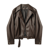 美式 机车风宽松夹克上衣 复古翻领皮衣外套短款