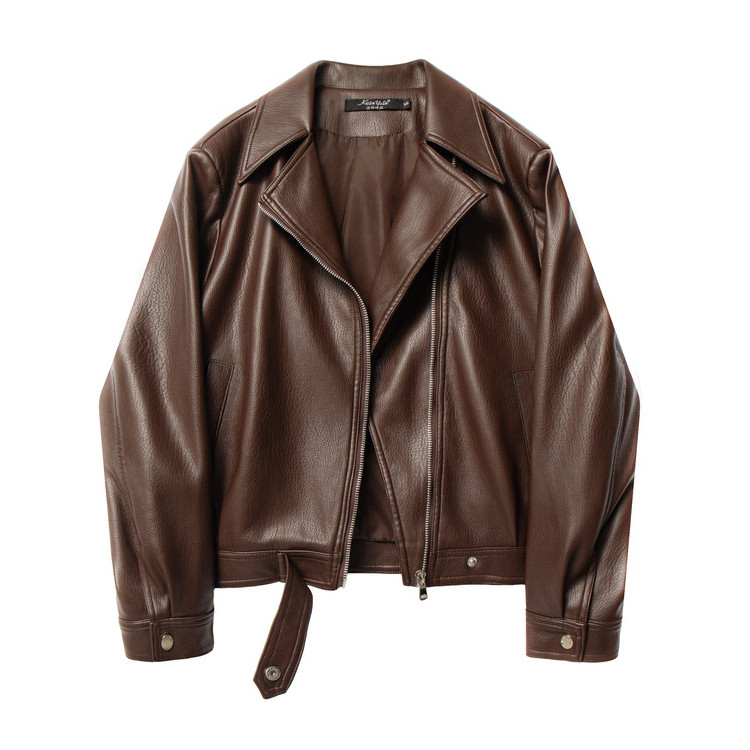 酷辣机车皮衣夹克春秋新款复古翻领显瘦帅气机车短款外套