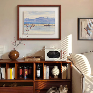 静海 蓝色水彩风景画艺术中古客厅装饰画法式餐厅玄关高级感挂画