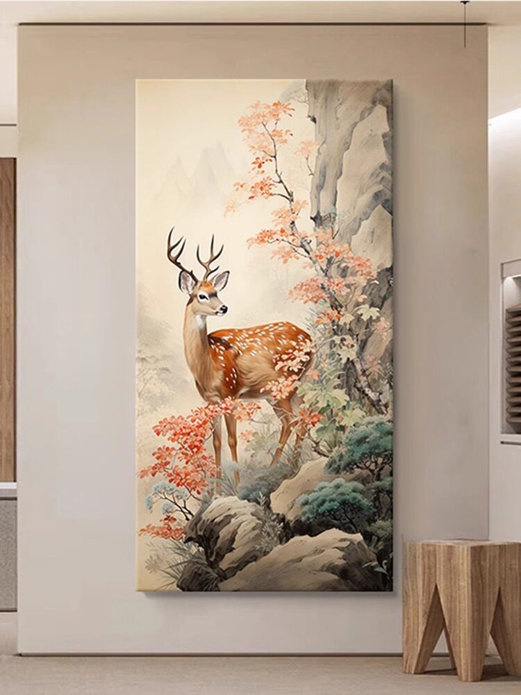 梅花鹿的安全之旅装饰画客厅新中式动物风景入口鹿挂画寓意美好