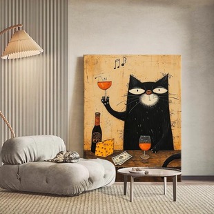 抽象系黑猫小众艺术客厅玄关装 猫 饰画马蒂斯卧室挂画 爱喝酒