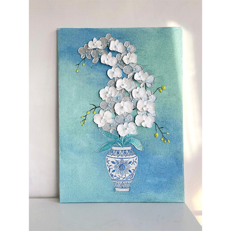 珠光蝴蝶兰与青花瓷新中式客厅玄关装饰画高级感小清新治愈系挂画图片