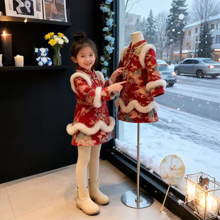 欧洲站女童秋冬加厚年服旗袍裙2025秋冬季新款儿童保暖兔子祥云拜