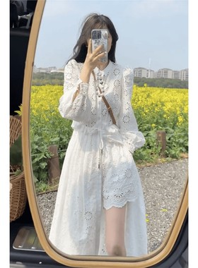 欧洲站2025春季新款女设计感小众镂空白色蕾丝裙法式重工长袖洋装