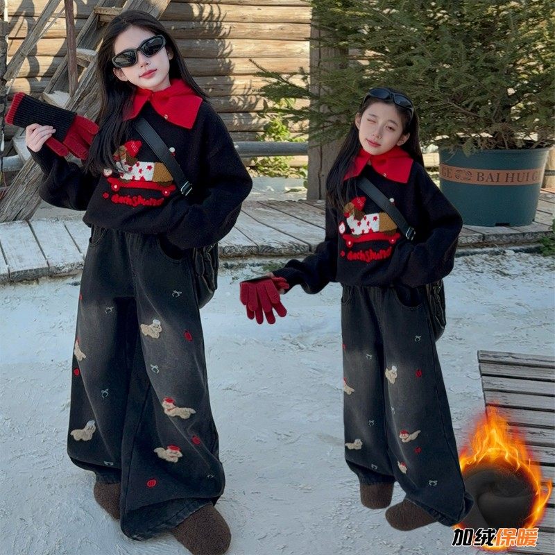 欧洲站女童毛衣牛仔裤套装冬装2025儿童装圣诞小狗针织衫加绒长裤