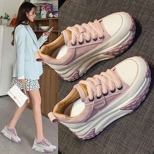 欧洲站内增高老爹鞋女款2023春秋新款炸街厚底松糕粉色小白休闲