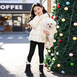 欧洲站女童冬装加厚连帽羽绒服2025冬季新款儿童纯色方格子保暖过