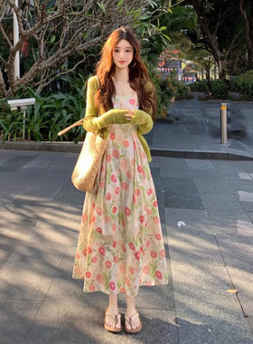 欧洲站2025新款法式高级感长裙小个子绿色碎花吊带洋装子两件式套