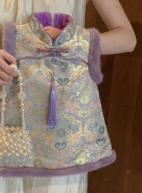 欧洲站女童加绒旗袍裙冬季新款周岁礼服小童女宝宝紫色背心裙汉服