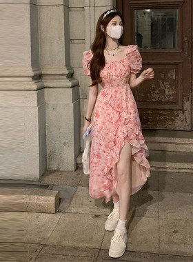 欧洲站温柔风茶歇法式桔梗荷叶边长裙收腰开叉方领气质雪纺碎花连