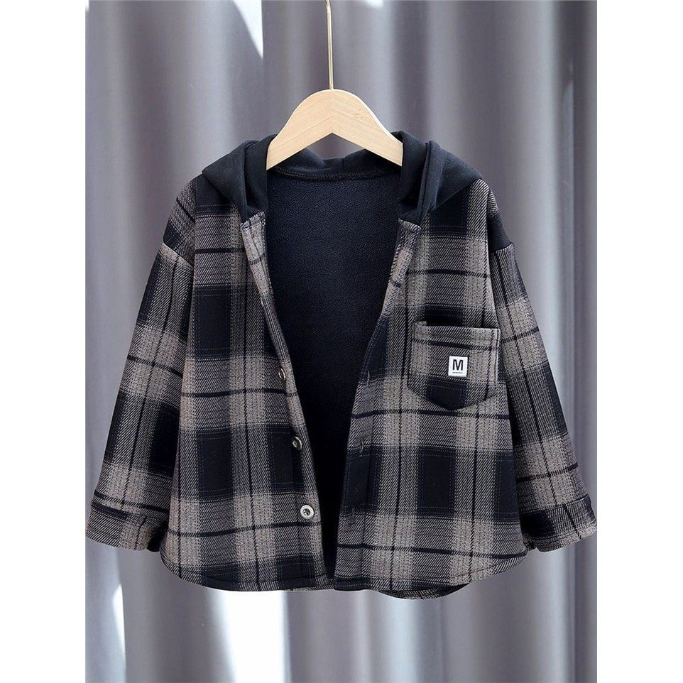 欧洲站男童加绒连帽格子上衣百搭衬衫外套2025新款秋冬儿童加厚衣