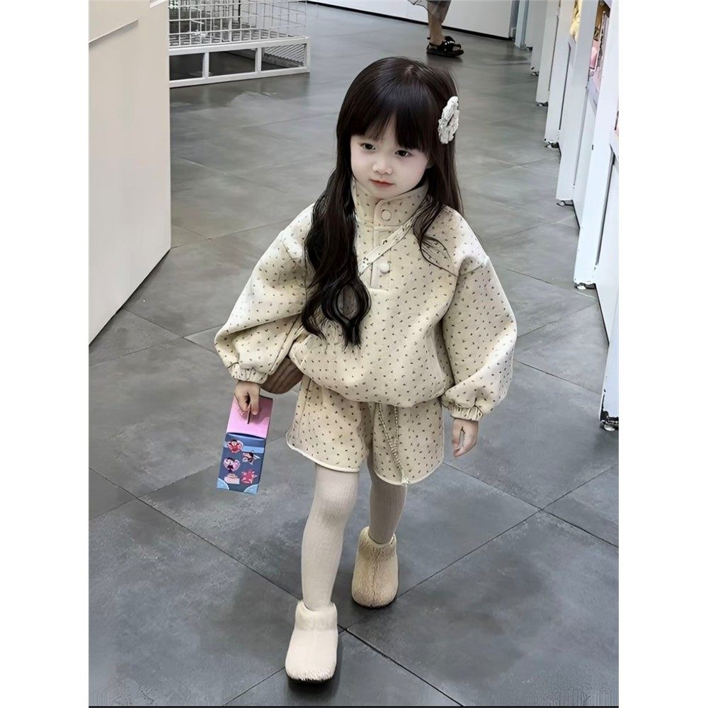 欧洲站女童加绒套装2025秋冬新款儿童韩系波点时髦高领卫衣宝宝休