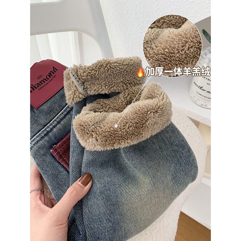 欧洲站男童一体羊羔绒牛仔裤儿童加绒加厚裤子冬季北方一条过冬保