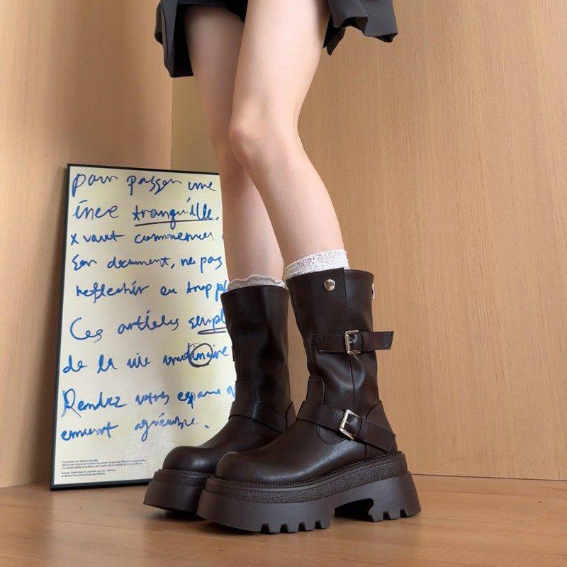 欧洲站英伦风厚底马丁靴女2025新款秋冬皮带扣中筒机车靴显瘦炸街,女鞋,马丁靴,淘宝优惠券,粉丝福利购,淘宝优惠卷