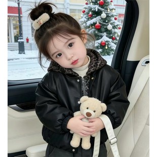 欧洲站儿童加绒夹棉外套冬款女童假两件豹纹皮衣夹克衫加厚冬装洋