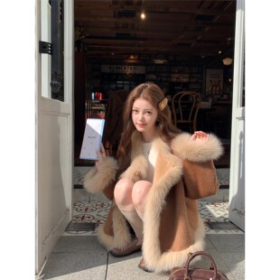 欧洲站贝贝羊驼新款双面毛呢大衣女狐狸毛领羊绒短款外套小个子20