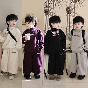 欧洲站童装男童秋冬加绒卫衣套装中小童冬季新款简约纯色加厚卫裤