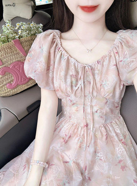 欧洲站法式高级感气质粉色碎花洋装女夏2025新款收腰小个子雪纺长