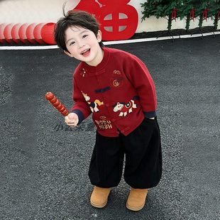 欧洲站男童过年喜庆盘扣国风毛衣外套2026秋冬新款儿童加厚红色针
