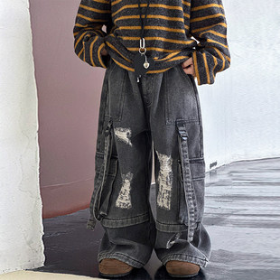 欧洲站男童裤子秋冬款2025新款儿童冬季加绒加厚牛仔裤破洞阔腿冬