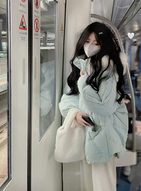 欧洲站蓝色羽绒棉服女2025新款冬季加厚小个子中长版棉衣棉袄外套