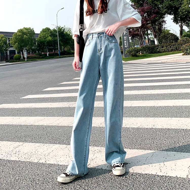 宽松直筒牛仔裤女韩版百搭夏秋高腰阔腿垂感薄款拖地裤长裤阔脚裤