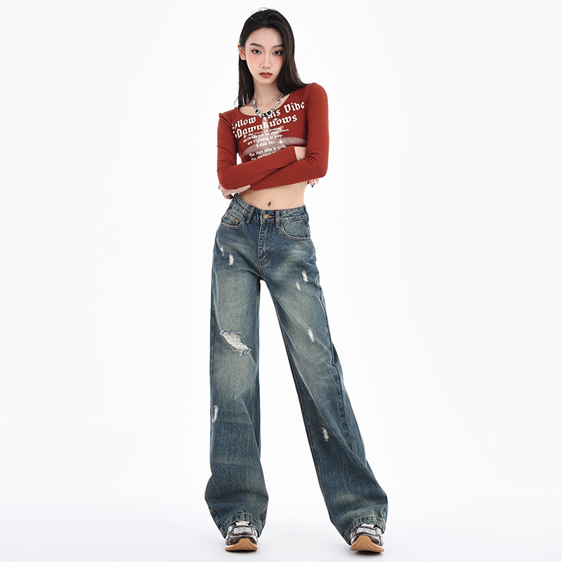破洞窄版阔腿牛仔裤女2025年春季新款高腰显瘦垂感乞丐直筒裤