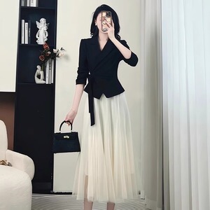 两件套有内衬春季新时尚百搭优美女神大裙摆上衣+半身裙