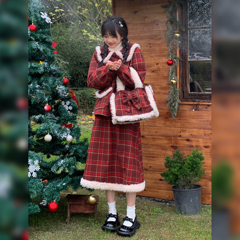 红色格子甜美娃娃领拼毛绒外套百搭半裙女秋冬日系复古新年呢套装