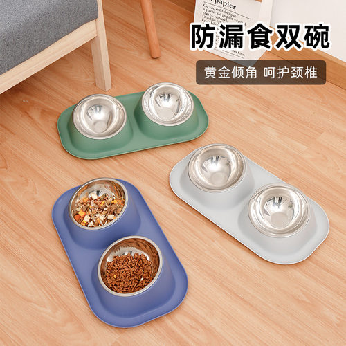 不锈钢猫碗猫咪狗狗双碗卸扣护颈猫粮碗狗盆猫盆宠物用品厂家