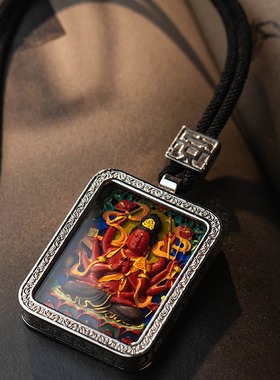 原矿朱砂手工彩绘方唐卡s925银文殊菩萨吊坠男饰品女情侣款藏唐卡