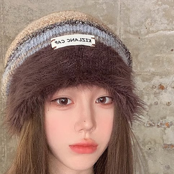 新款堆帽子美拉德堆拼色毛绒日系大头围显脸小保暖针织冷帽女