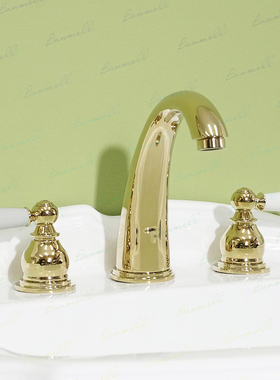 出口英国 WS认证 NP嘴 陶瓷双开把手 三孔英式金色复古面盆水龙头
