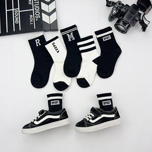 儿童袜子男童纯棉中筒袜秋冬加厚中大童吸汗无骨运动黑白韩系潮袜