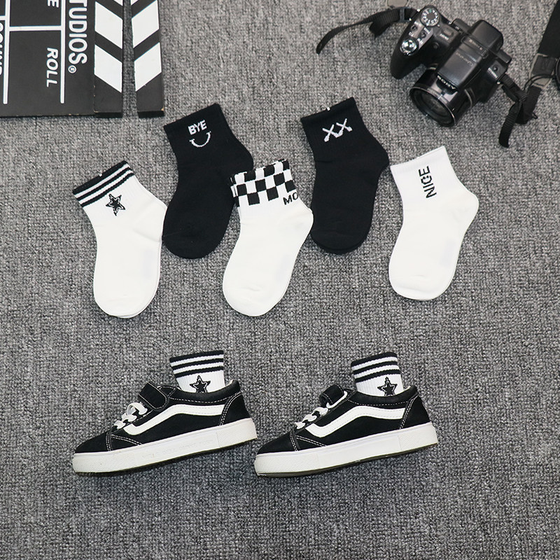 儿童袜子纯棉春季薄款男童女童中大童学院风白色韩版ins中筒黑色