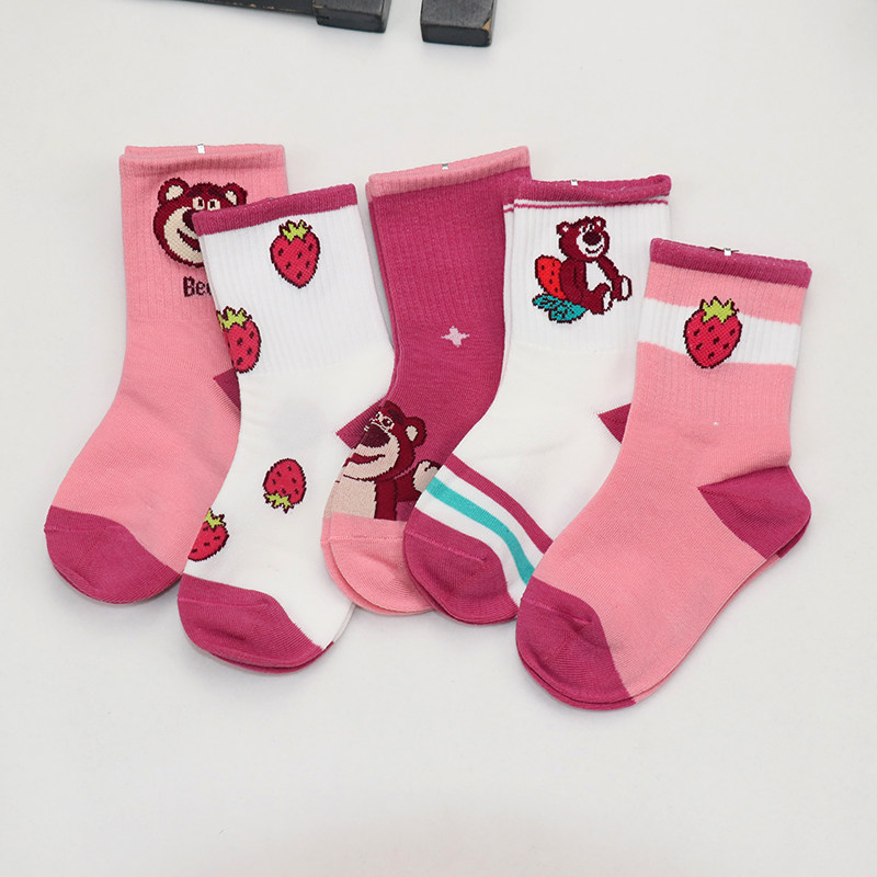 女童袜子春季纯棉儿童中筒宝宝可爱粉色小熊无骨女孩中大童精梳棉