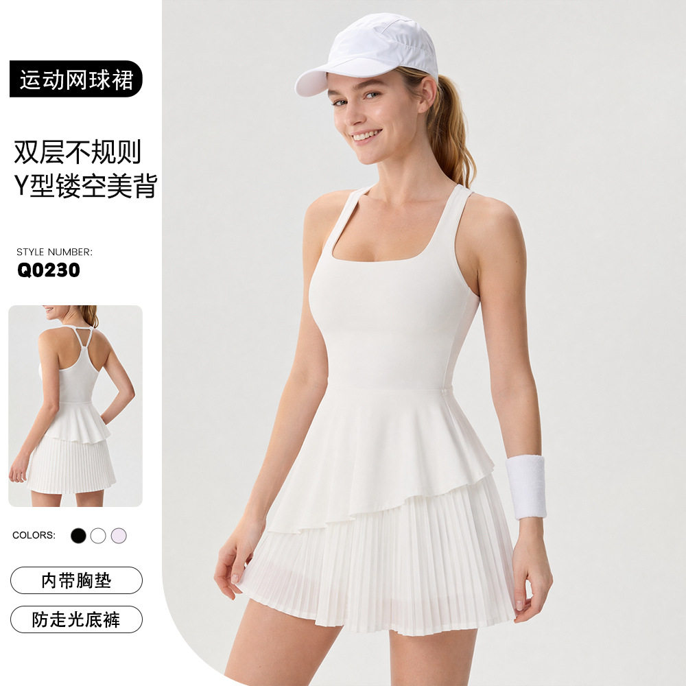 伽伊人欧美方领无袖网球连衣裙女不规则百褶运动裙带胸垫健身