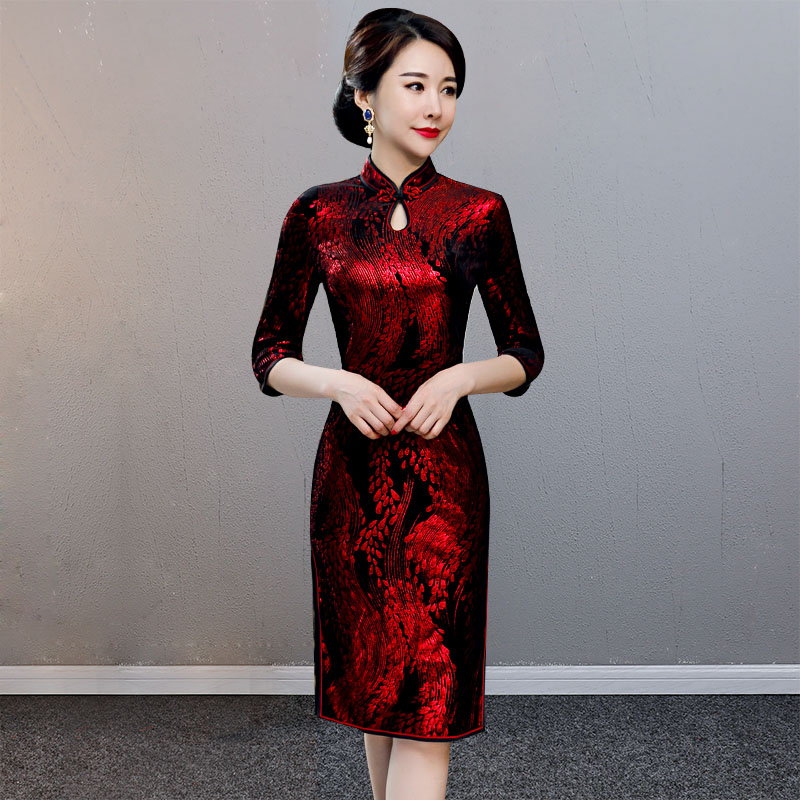 金丝绒旗袍中国风秋装新款女复古中袖改良版连衣裙中长款气质
