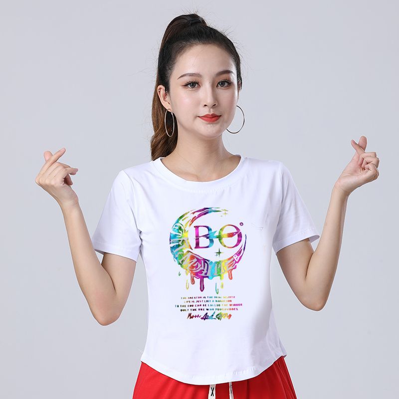 2025夏季广场舞上衣女冰瓷棉修身短袖T恤圆领健身休闲运动舞蹈服