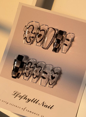 手工定制高透美甲立体手绘小花黑色棋盘格可拆卸假指甲贴实拍热卖