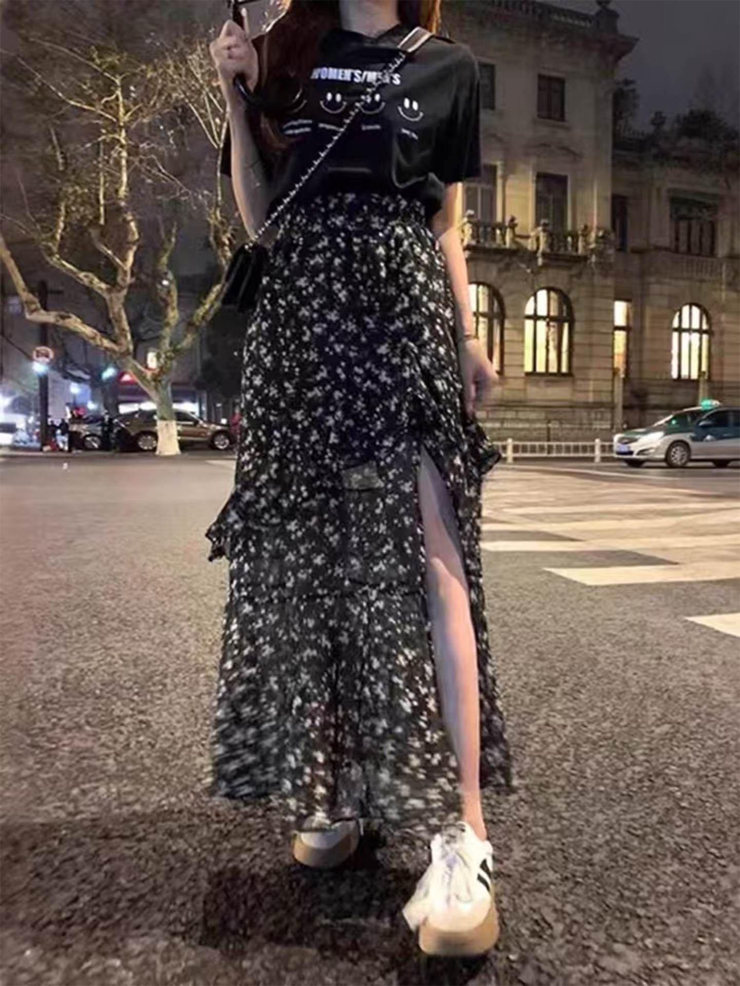 Qadın yay midi yubka, çiçəkli şifon, A-xəttli