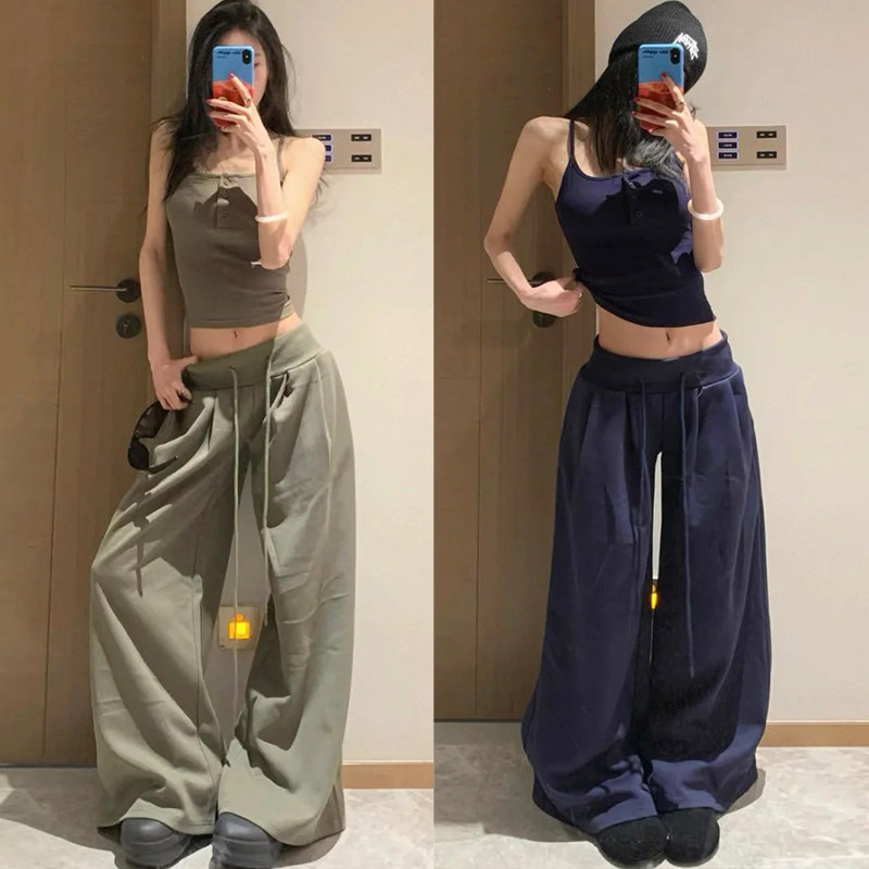 军绿色抽绳运动裤女春秋胖mm200斤大码高腰显瘦垂感休闲阔腿卫裤