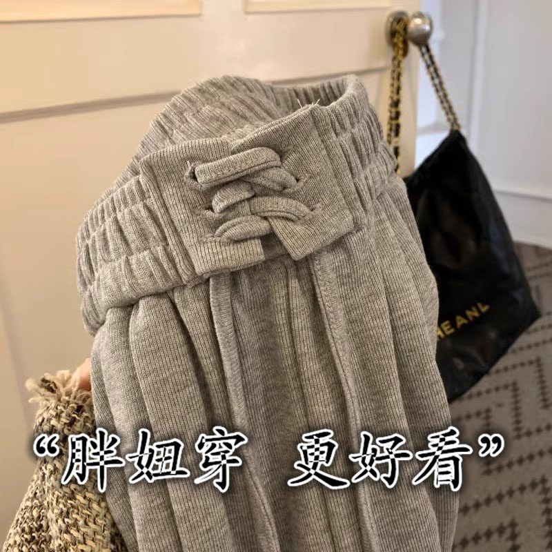 高街阔腿运动裤女装春秋200斤胖mm绑带高腰显瘦300斤大码休闲裤子
