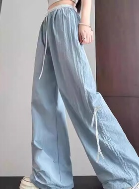 蓝色工装裤女夏季大码胖mm2-300斤高腰垂感绑带休闲遮肉蝴蝶结裤